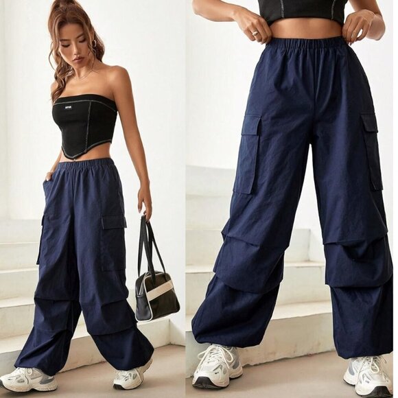 Urban Outfitters Pants - Oversized Nylon Cargo Pants Baggy Blue High Waisted Parachute Pants Joggers